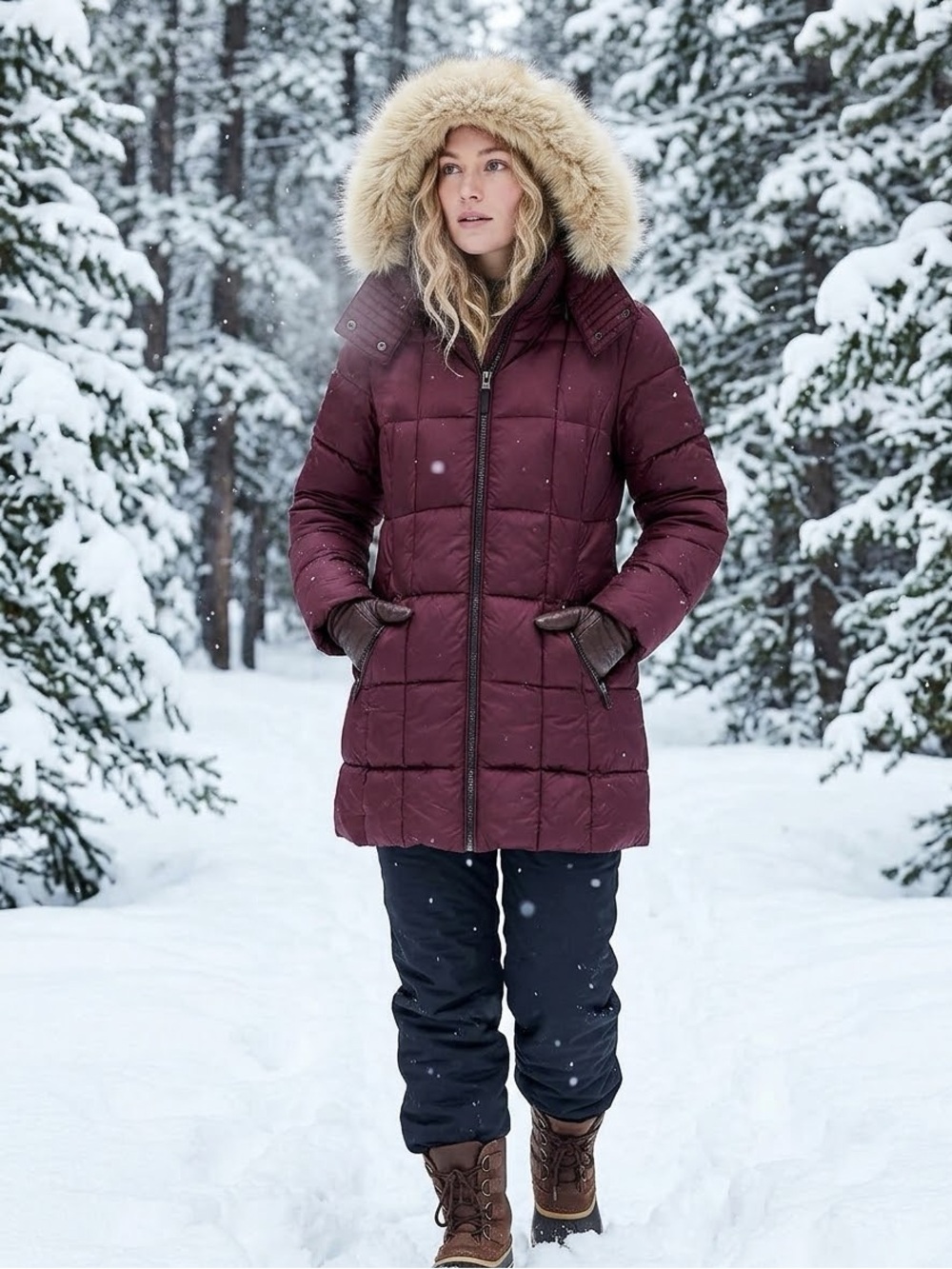 MARC NEW YORK Burgundy Puffer Jacket w/ Removable Faux Fur Hood - Size M